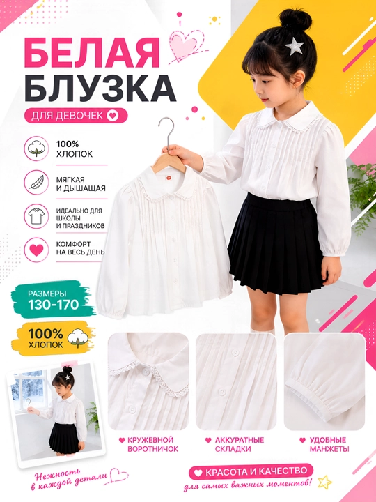Qizlar uchun oq maktab bluzkasi, uzun yengli, 100% paxta, 130–170 - 