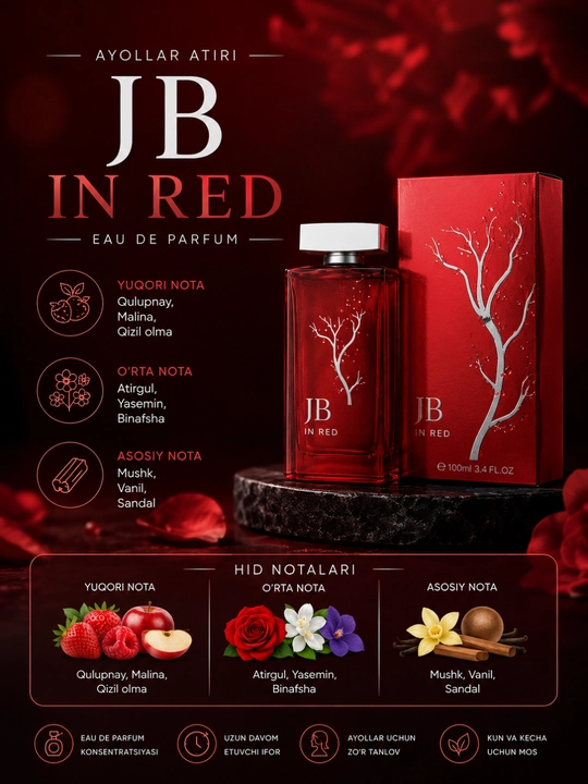 JB In Red женский парфюм EDP, 100 мл, стойкий цветочно-фруктовый аромат для женщин - 