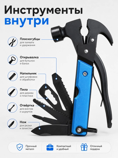 Многофункциональный молоток-мультитул с плоскогубцами, гвоздодёром, ножом и отвёрткой
