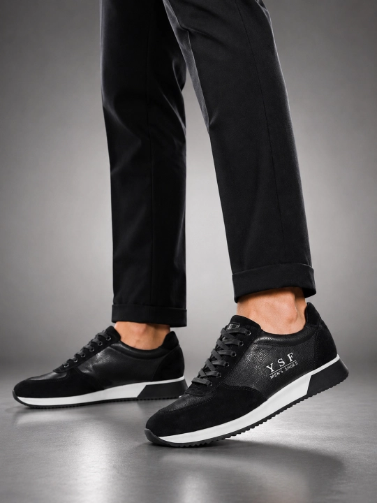 Erkaklar uchun Premium Black charm krossovkalar – tabiiy charm va zamsha, qulay taglik