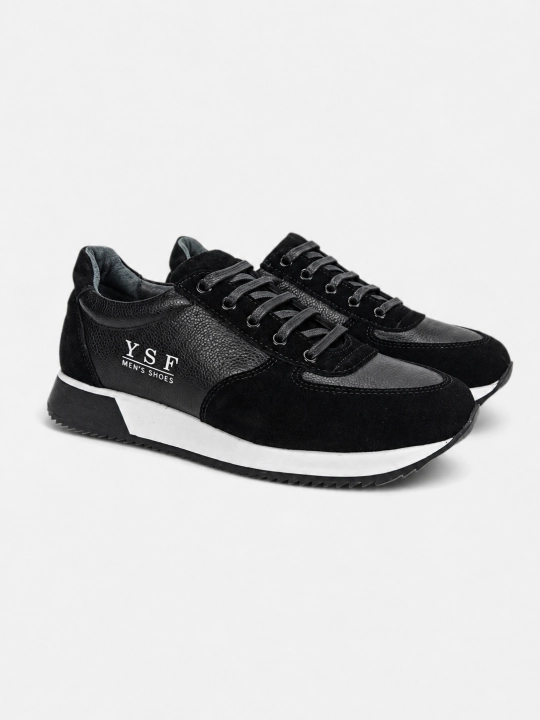 Мужские кожаные кроссовки Premium Black, натуральная кожа и натуральная замша, комфортная подошва - 