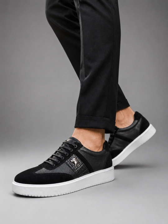 Erkaklar uchun Premium Black charm krossovkalar – tabiiy charm va zamsha, qulay taglik