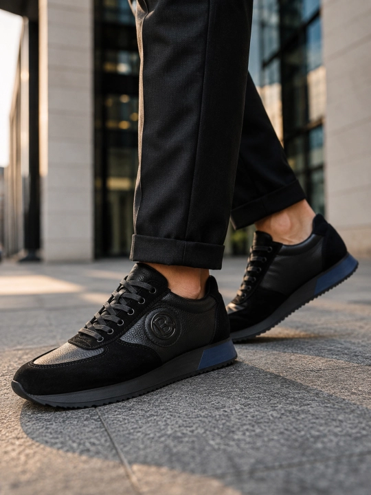 Erkaklar uchun Premium Black charm krossovkalar – tabiiy charm va zamsha, qulay taglik