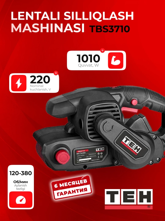 TEH TBS3710 lentali silliqlash mashinasi, 1010 Vt, 220 V, 120-380 ayl/daq, 76×533 mm tasmali