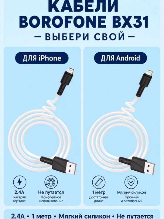 Cable Borofone BX31 Lightning (iPhone uchun) tezkor quvvatlash 2.4A, yumshok silikon, 1m