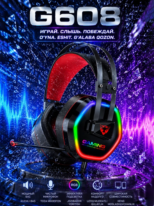 G608 — o‘yin naushniklari, 7.1 hajmli ovoz, 50mm, RGB, USB, mikrofon - 