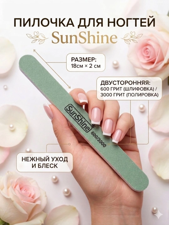 Пилочка для ногтей SunShine двусторонняя 600/3000 грит, баф для полировки и шлифовки - 