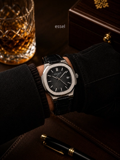 Erkaklar uchun qo‘l soati Patek Philippe, klassik soat, ko‘k siferblatli charm remeshok