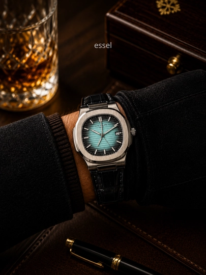 Erkaklar uchun qo‘l soati Patek Philippe, klassik soat, ko‘k siferblatli charm remeshok