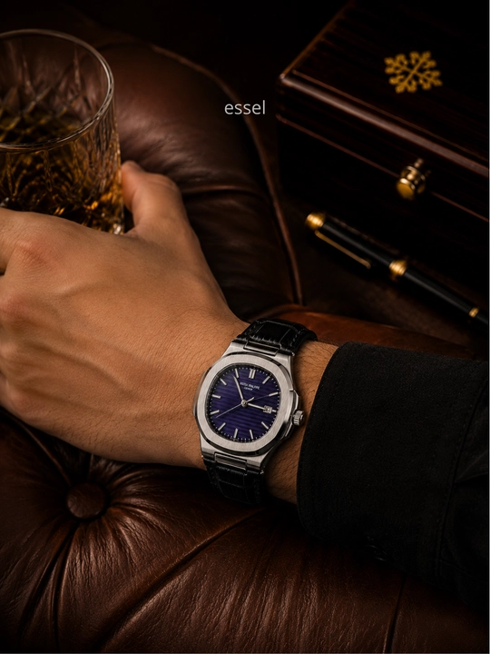 Erkaklar uchun qo‘l soati Patek Philippe, klassik soat, ko‘k siferblatli charm remeshok