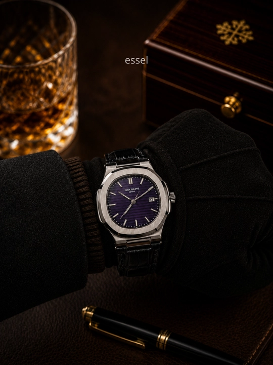 Erkaklar uchun qo‘l soati Patek Philippe, klassik soat, ko‘k siferblatli charm remeshok