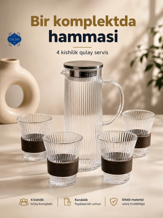 Grafin va stakanlar to‘plami, 5 dona, shisha nabor, suv, sharbat, limonad uchun uyga, bokallar