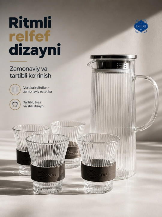 Grafin va stakanlar to‘plami, 5 dona, shisha nabor, suv, sharbat, limonad uchun uyga, bokallar