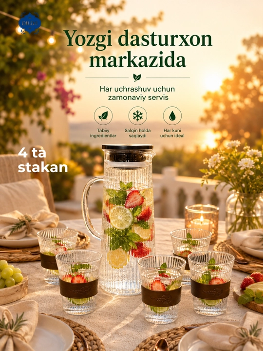 Grafin va stakanlar to‘plami, 5 dona, shisha nabor, suv, sharbat, limonad uchun uyga, bokallar