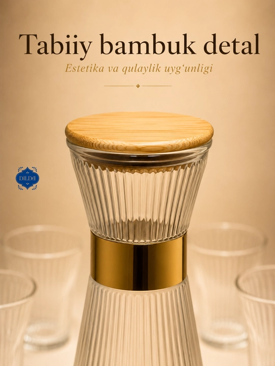 Grafin va stakanlar to‘plami, 5 dona, shisha nabor, suv, sharbat, limonad uchun uyga, bokallar