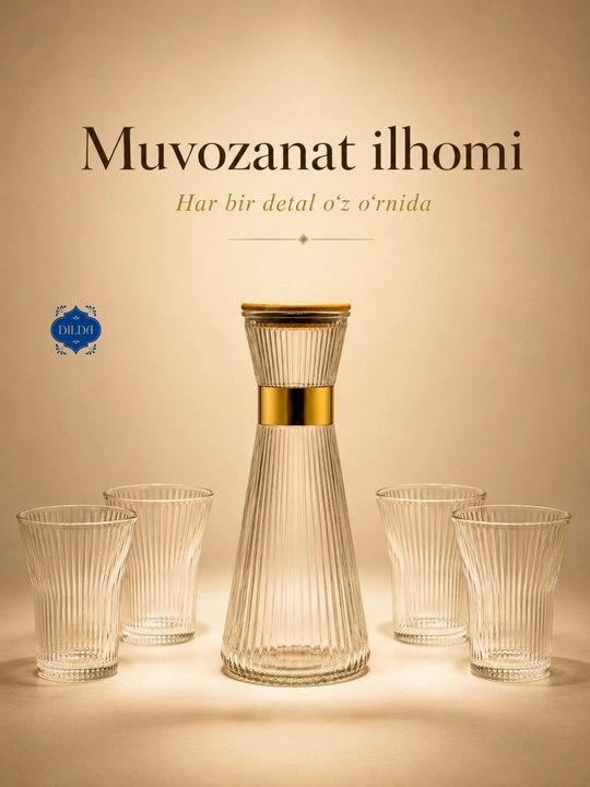Grafin va stakanlar to‘plami, 5 dona, shisha nabor, suv, sharbat, limonad uchun uyga, bokallar