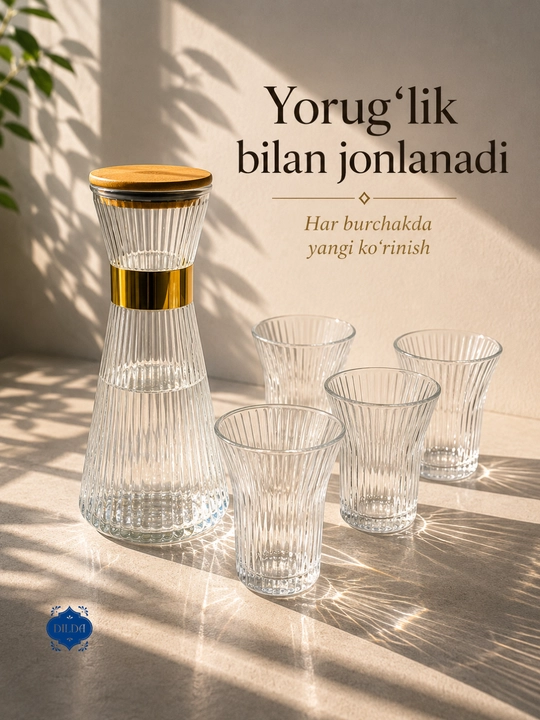 Grafin va stakanlar to‘plami, 5 dona, shisha nabor, suv, sharbat, limonad uchun uyga, bokallar