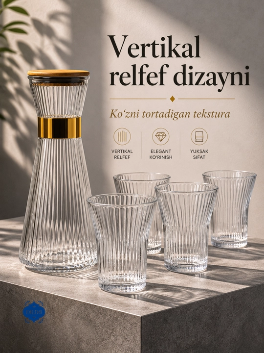 Grafin va stakanlar to‘plami, 5 dona, shisha nabor, suv, sharbat, limonad uchun uyga, bokallar