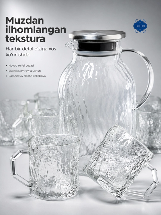 Grafin va stakanlar to‘plami, 5 dona, shisha nabor, suv, sharbat, limonad uchun uyga, bokallar