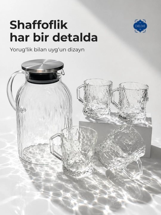 Grafin va stakanlar to‘plami, 5 dona, shisha nabor, suv, sharbat, limonad uchun uyga, bokallar