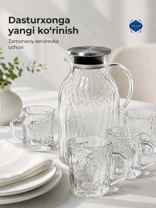 Grafin va stakanlar to‘plami, 5 dona, shisha nabor, suv, sharbat, limonad uchun uyga, bokallar