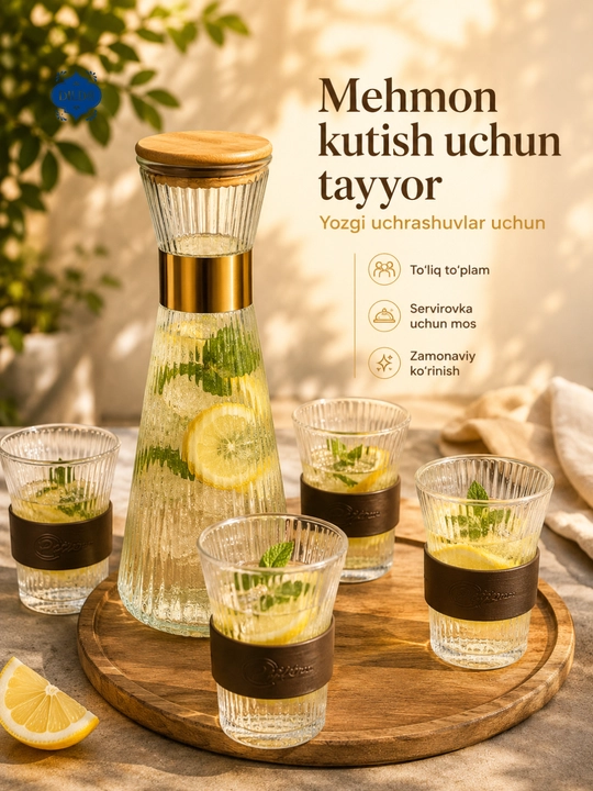 Grafin va stakanlar to‘plami, 5 dona, shisha nabor, suv, sharbat, limonad uchun uyga, bokallar