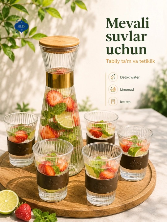 Grafin va stakanlar to‘plami, 5 dona, shisha nabor, suv, sharbat, limonad uchun uyga, bokallar