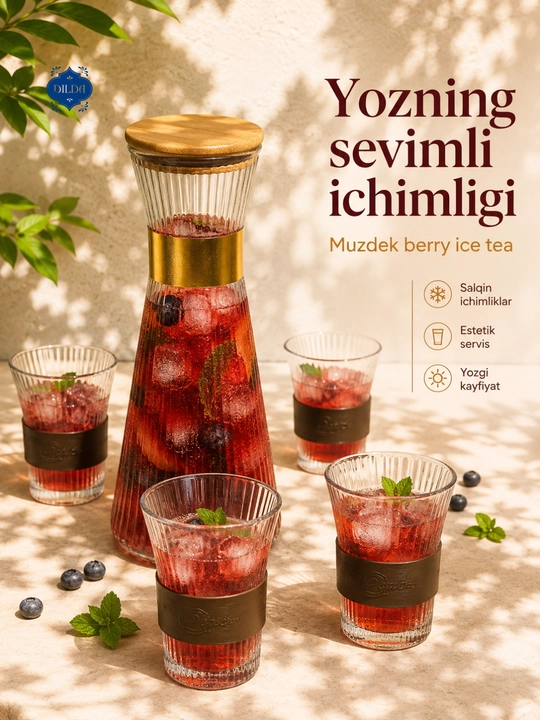 Grafin va stakanlar to‘plami, 5 dona, shisha nabor, suv, sharbat, limonad uchun uyga, bokallar
