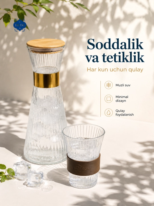Grafin va stakanlar to‘plami, 5 dona, shisha nabor, suv, sharbat, limonad uchun uyga, bokallar