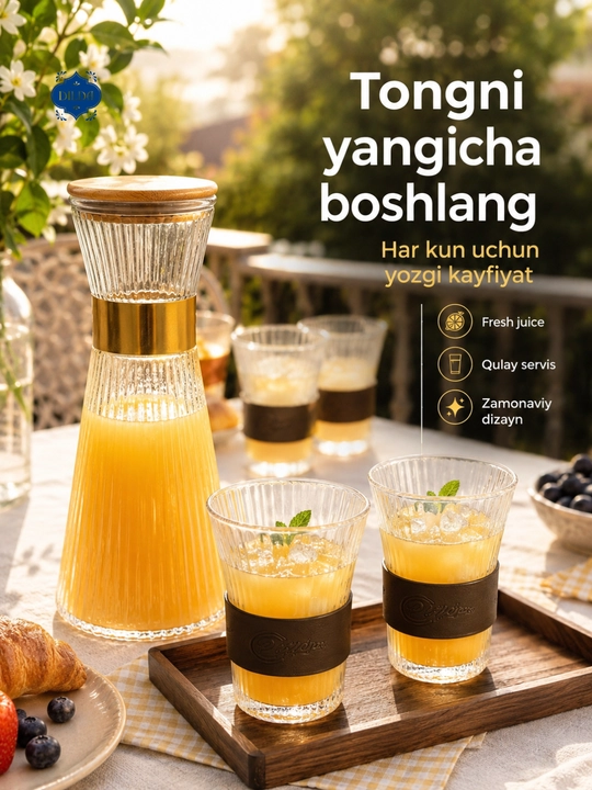Grafin va stakanlar to‘plami, 5 dona, shisha nabor, suv, sharbat, limonad uchun uyga, bokallar