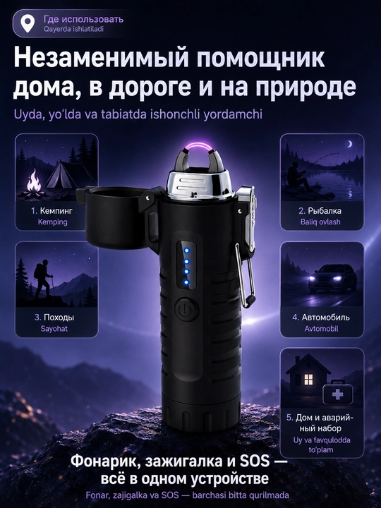 Зажигалка дуговая электронная 2 в 1 с фонариком, IP56, Type-C, без пламени