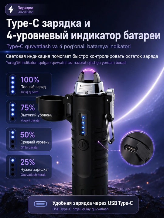 Зажигалка дуговая электронная 2 в 1 с фонариком, IP56, Type-C, без пламени