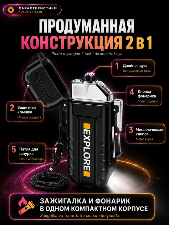 Зажигалка дуговая электронная 2 в 1 с фонариком, IP56, Type-C, без пламени