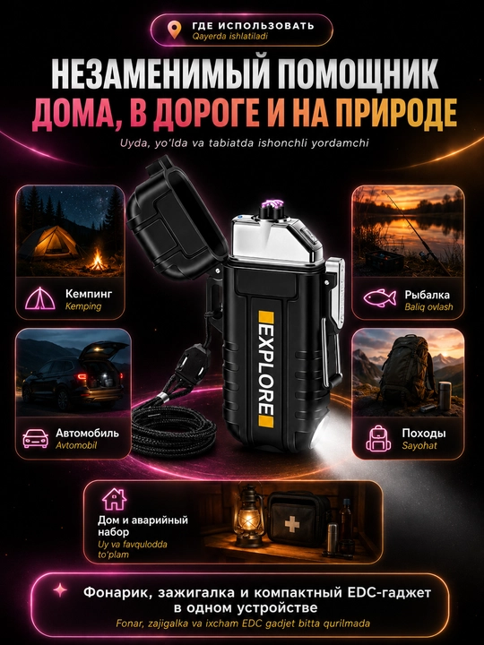 Зажигалка дуговая электронная 2 в 1 с фонариком, IP56, Type-C, без пламени