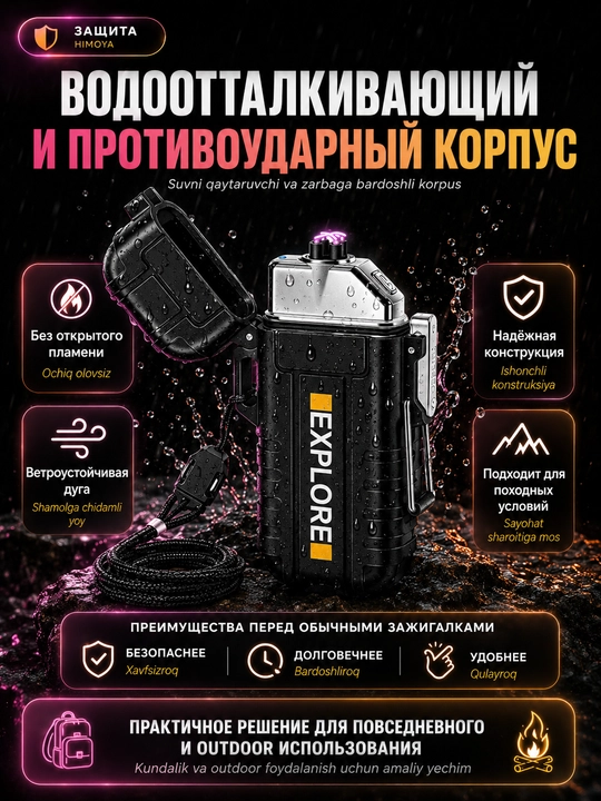 Зажигалка дуговая электронная 2 в 1 с фонариком, IP56, Type-C, без пламени