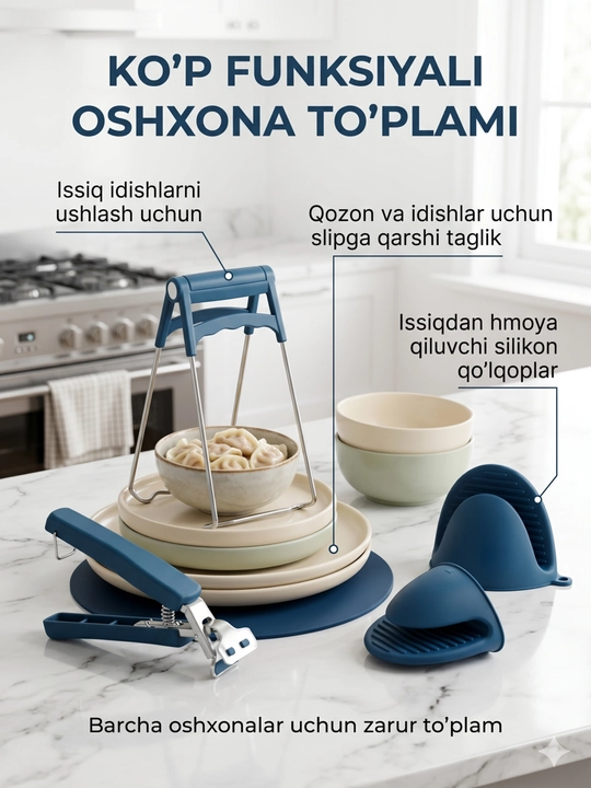 Ko'p funksiyali issiqqa qarshi oshxona to'plami (tutqichlar, taglik, qo'lqoplar) - 