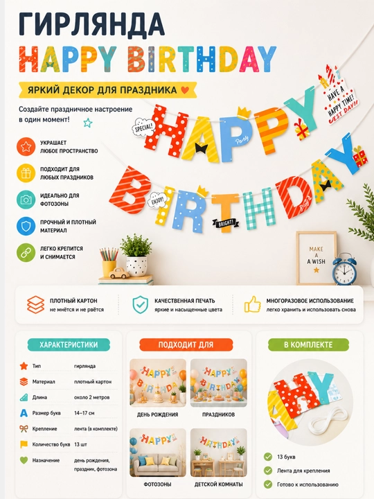 Гирлянда Happy Birthday Декор флажки на день рождения - 