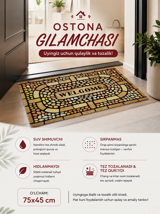 Ofis, do'kon, eshik oldi uchun sirpanmas chang yutuvchi gilamchalar 120x80 cm, 75x45 cm