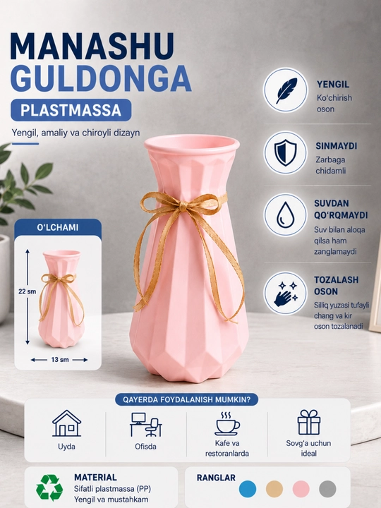 Tabiiy va sun’iy gullar uchun guldon vaza, plastik, kauchuk va plastmassa materiallardan - 