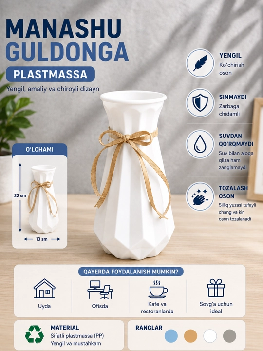 Tabiiy va sun’iy gullar uchun guldon vaza, plastik, kauchuk va plastmassa materiallardan - 