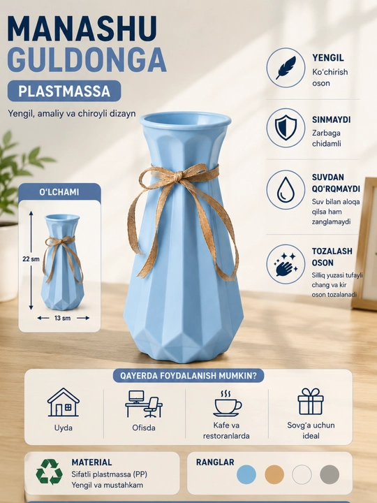Tabiiy va sun’iy gullar uchun guldon vaza, plastik, kauchuk va plastmassa materiallardan - 