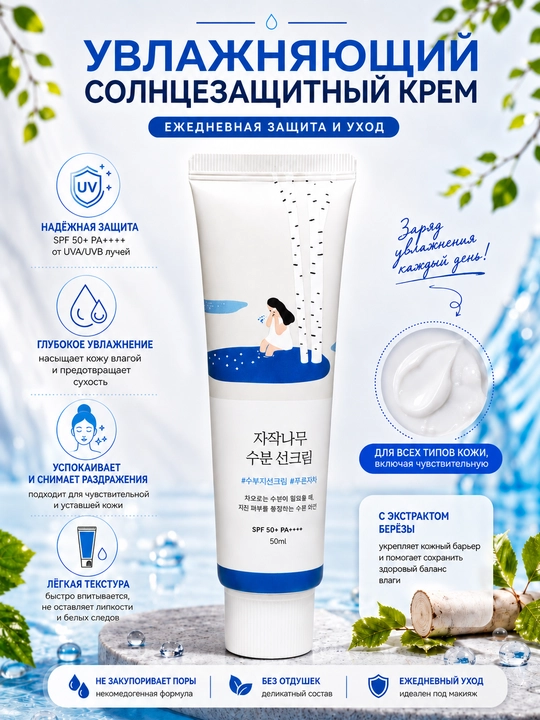 Quyoshdan himoyalovchi krem, qayin sharbati bilan, spf krem, SPF50+, yuz uchun krem