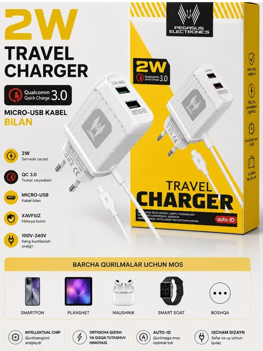 Zaryadlovchi Adapter To‘plami Micro-USB Kabel, 2/270W, zaryadchik - 