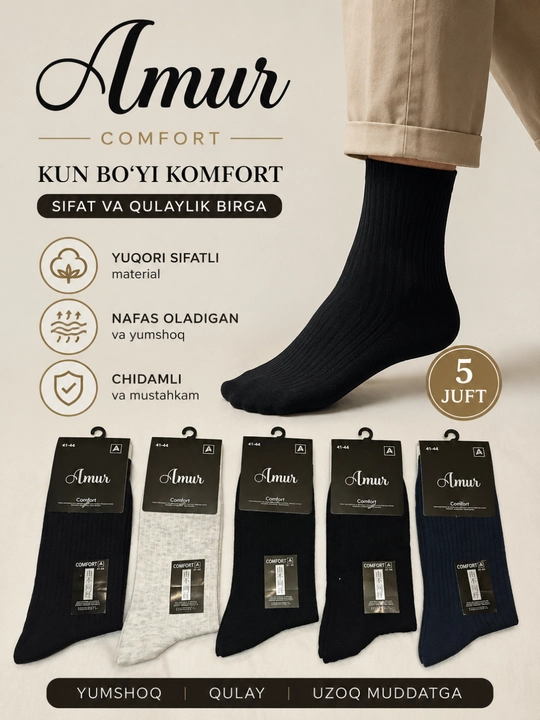 Erkaklar sport uzun va qisqa paypoqlari, to‘plamda 5-3 juft, o‘lchami 41-43 - 
