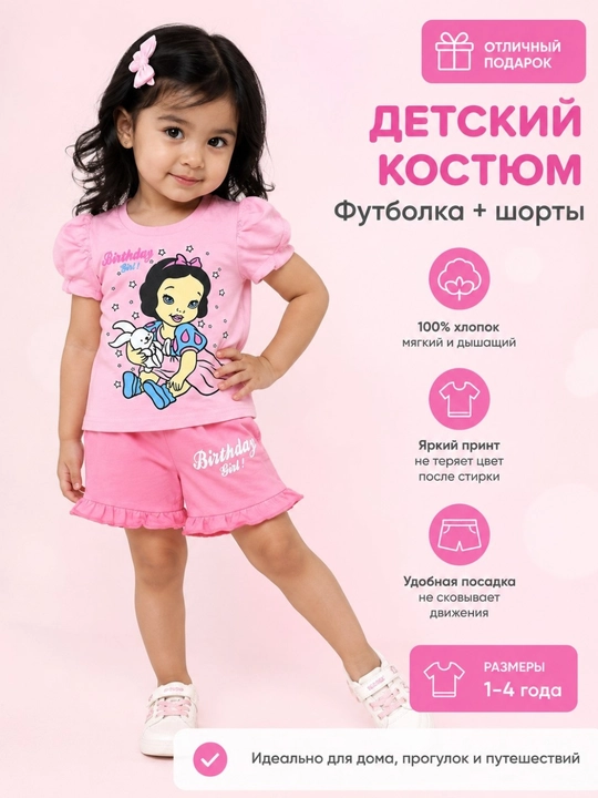 Hello Kitty qizlar uchun kiyimlar to‘plami: Futbolka va Shorti 2 - 5 yoshgacha - 