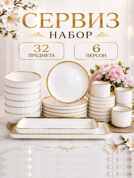 Сервиз столовый, 32 предмета, на 6 персон, белый с золотой окантовкой