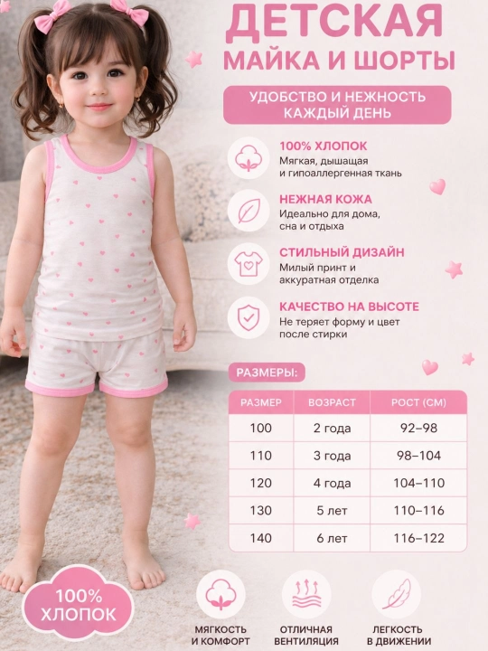 Qizlar uchun yozgi to‘plam, mayka va shortilar, 2-6 yosh, paxtadan - 