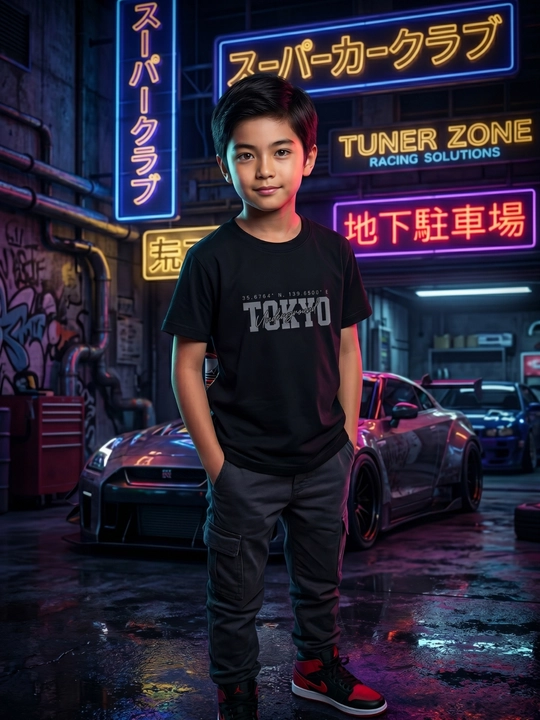 O‘g‘il bolalar uchun qora Tokyo printli paxta futbolka
