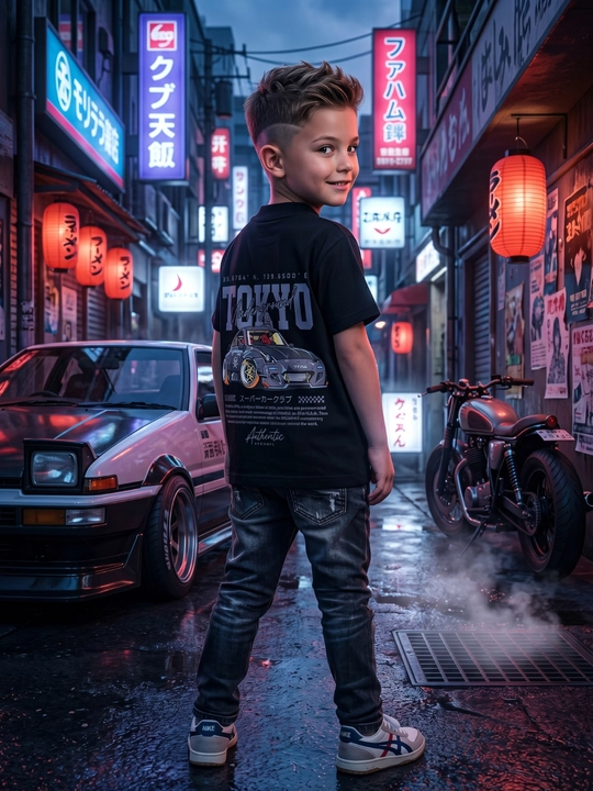 O‘g‘il bolalar uchun qora Tokyo printli paxta futbolka