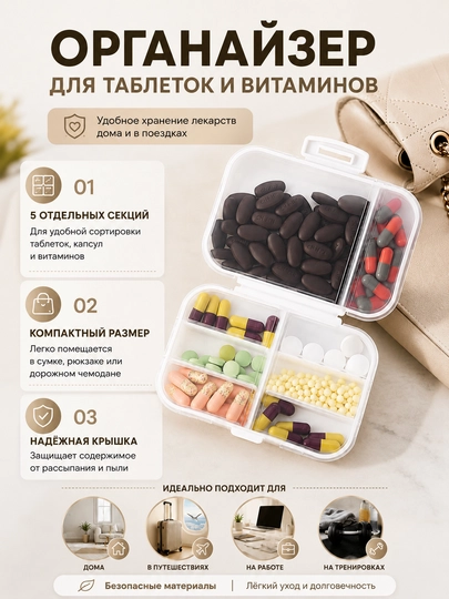 Таблетница, органайзер для таблеток, контейнер для лекарств, коробка для витаминов — HOMELO-TABLETNITSA-БЕЛЫЙ